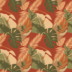 Seamless pattern featuring various tropical leaves in shades of green, orange, and beige.