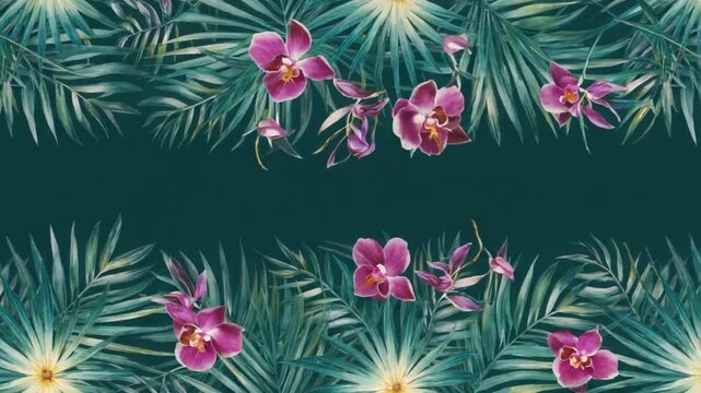 Watercolor painting of orchids and palm leaves on a dark teal background with copy space in the middle floral patterns backgrounds video
