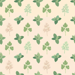Seamless repeating pattern of illustrated culinary herbs including parsley, dill, and mint on a light background.