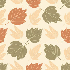 A seamless pattern of stylized autumn leaves in warm, muted colors of orange, green, and beige on a cream background.