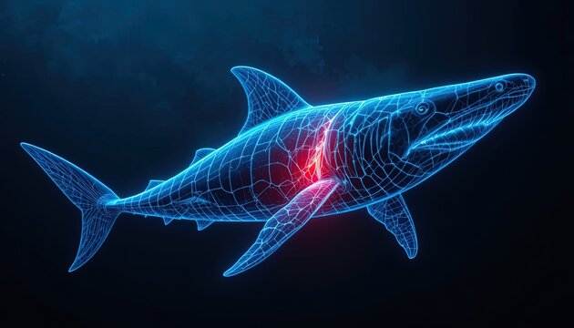 Futuristic shark swimming in deep blue sea with glowing outline, highlighting digital innovation and ocean exploration for a cutting edge scientific study - Powered by Adobe