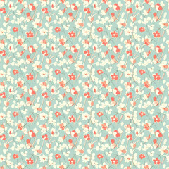 A seamless repeating pattern of small, stylized ditsy flowers in coral and cream on a light teal background.