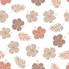 A seamless pattern featuring hibiscus flowers and tropical leaves in various shades of beige and pink.