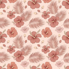 Seamless pattern with hibiscus flowers and palm leaves.