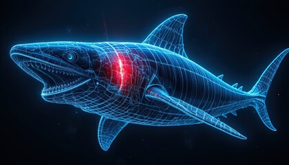 Futuristic shark wireframe design with glowing red accents on a sleek black background for edgy technology and marine life concepts