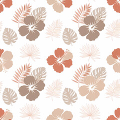 A seamless pattern of tropical hibiscus flowers and palm leaves in muted earthy tones on a white background.