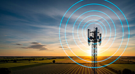 Telecommunication tower with radio waves, representing modern technology and connectivity.