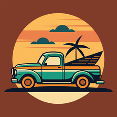 Vintage pickup truck carrying surfboard vector illustration