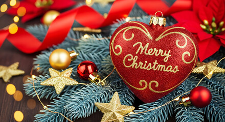 Festive Christmas heart ornament with text, surrounded by decorations and greenery.