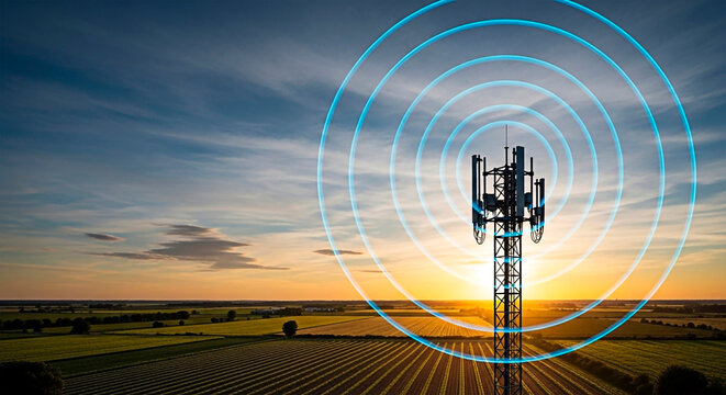 Telecommunication tower with radio waves, representing modern technology and connectivity.
