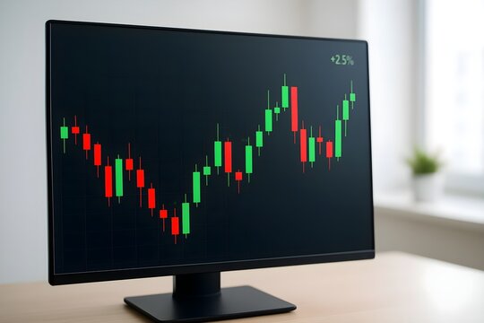Computer monitor displaying a vibrant red and green financial candlestick chart for market analysis.