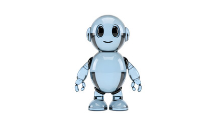 Cute cartoon robot character on black background stands with a smile