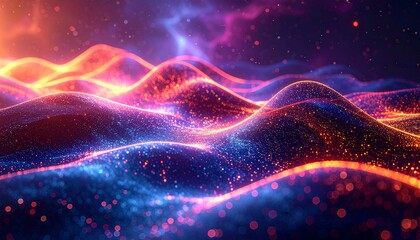 Abstract wave with moving dots and lines. Flow of particles. Cyber technology illustration. 3d rendering