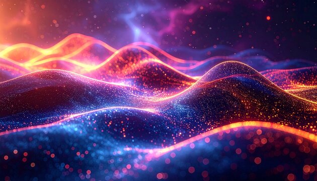 Abstract wave with moving dots and lines. Flow of particles. Cyber technology illustration. 3d rendering