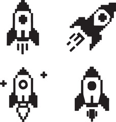 Isolated Rocket Black Pixel Vector Icon Set, Pexels style space rocket startup launch innovation icon, rocket black pixel vector minimal retro 8 bit design perfect for business growth and technology