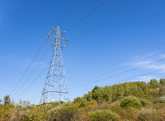 Huge steel electricity towers and power lines with trees and a blue sky in the background.