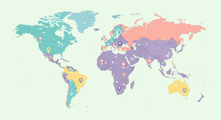 Pastel World Map with Location Pin Icons for Global Reach Visualization