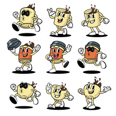 A collection of retro cartoon mascot characters featuring coffee cups and mugs in various happy poses, character set 