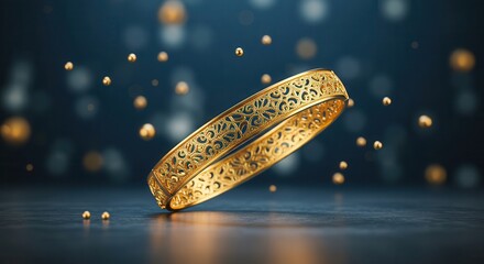Ornate gold bangle with intricate openwork design floats against a dark blue background.