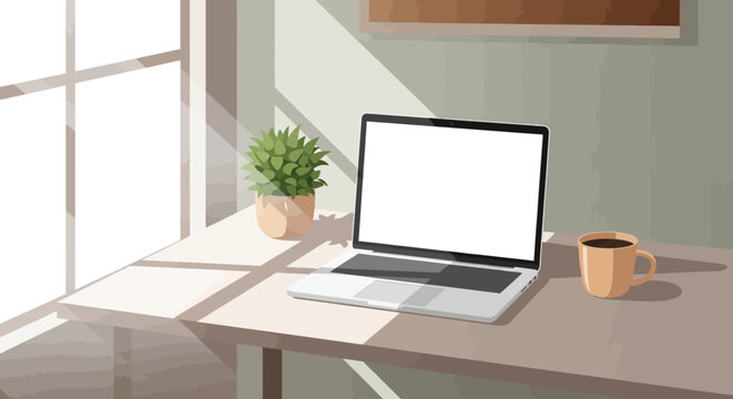 Home office workspace illustration with a laptop on a desk by a sunlit window, representing a peaceful remote work or freelance lifestyle