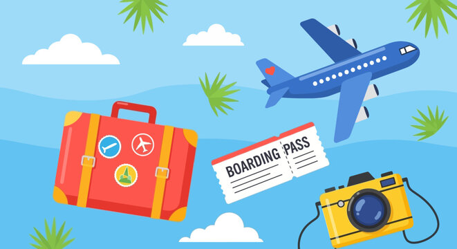 A vibrant illustration of travel essentials including a suitcase, boarding pass, and camera against a backdrop of palm trees and clouds