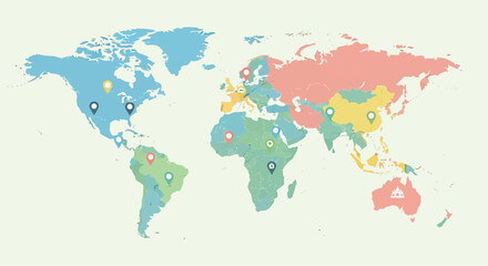 Vibrant illustrated world map showcasing global geographic data and pinpoint locations across continents, ideal for international business, education, and travel projects