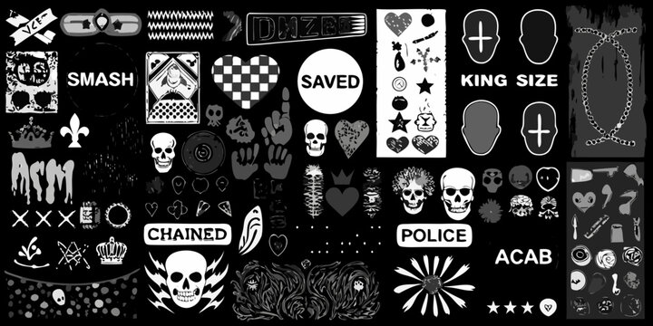 Collection of grunge and punk style graphic elements and symbols in monochrome