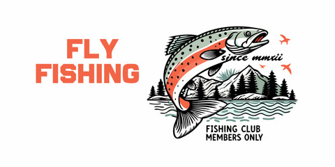 Retro fly fishing emblem with leaping trout mountains and pine trees