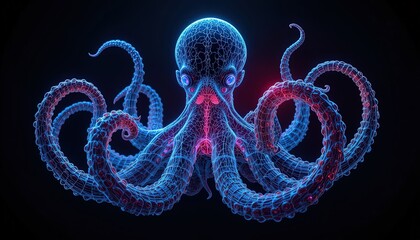 Stunning neon octopus with glowing tentacles perfect for vibrant designs, futuristic tech, or creative projects needing a dynamic, captivating underwater theme