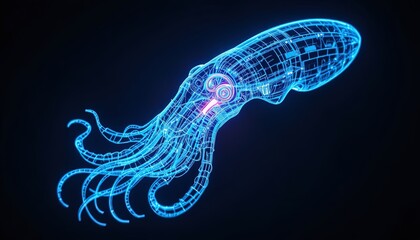 Futuristic neon squid illustration glows brightly against a dark background offering a modern and abstract ocean life concept for technology designs
