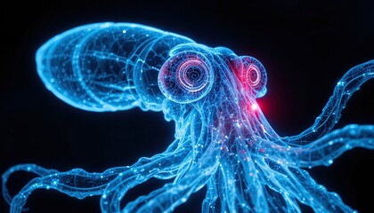 Futuristic octopus concept with glowing neon tentacles shimmering on a dark backdrop, perfect for science, technology, or marine biology presentations