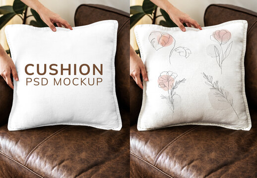 Cushion Cover Mockup On A Leather Couch
