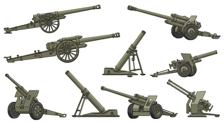 Fototapeta premium Vector set of vintage World War heavy artillery weapons, featuring various cannons and mortars for military concepts