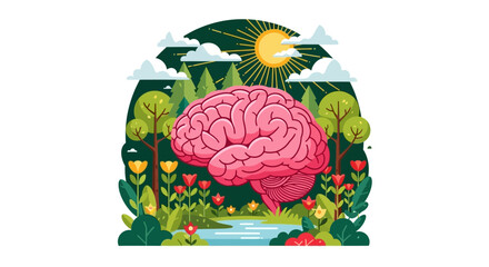 Vibrant illustration of a healthy human brain flourishing amidst a serene natural landscape, symbolizing mental wellness, cognitive growth, and ecological balance