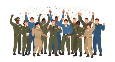 Obraz premium A diverse group of happy military soldiers celebrating a victory together with falling confetti