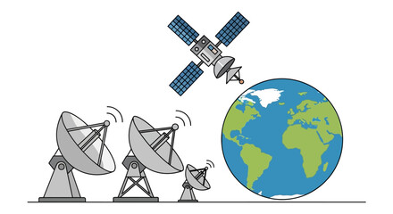 Illustration of a global satellite communication network with ground station antennas transmitting data to a spacecraft orbiting Earth © Avra