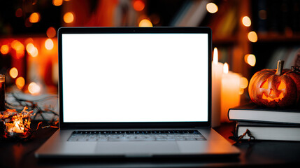 Halloween-Themed Desk: MacBook (Blank White Screen) & Black Laptop on Books, Surrounded by Candles/Pumpkin + Orange Lights, Magical with Animated Eyes