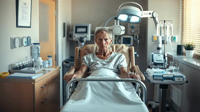 Elderly man sitting in a hospital chair as a chemo patient  