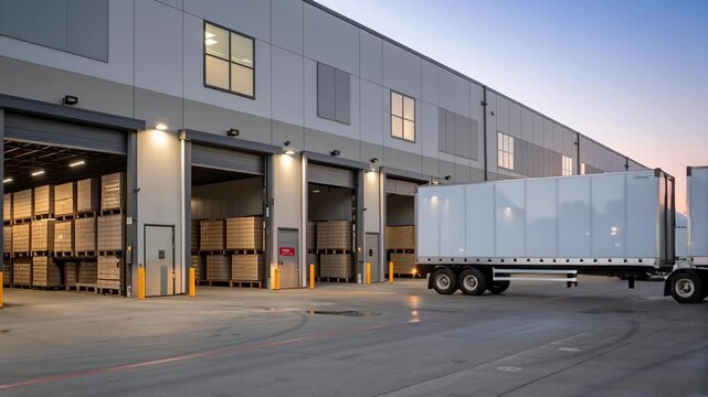 Modern warehouse loading dock with trucks ready for shipping and receiving operations