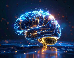 Futuristic Digital Brain with Glowing Blue and Orange Neural Circuits