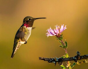 Fototapeta premium Hummingbird drinking nectar from a pink flower, golden sunset background, nature wildlife photography