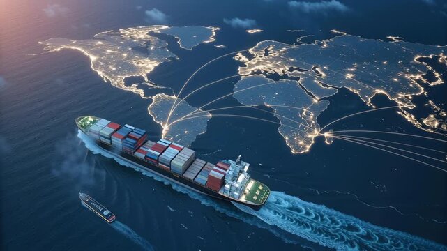 Global shipping routes with cargo ship navigating through illuminated world map at night