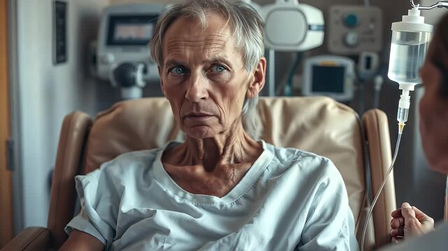 Elderly man sitting in hospital chair during chemotherapy session  