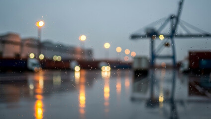 Rainy industrial scene through a wet window with bokeh lights, droplets streaking glass, blurred trucks and cranes beyond, cool blue and warm orange highlights, evening mood.