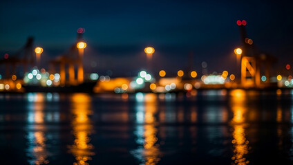 Blurred night harbor lights reflecting beautifully across calm dark water, capturing a tranquil seaside atmosphere with vivid colors and gentle shimmering reflections.