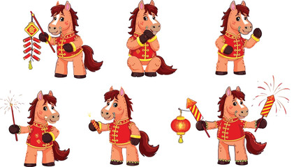 Celebrate Lunar New Year with Adorable Horse Characters and Festive Fireworks for a Vibrant and Joyful Holiday Season