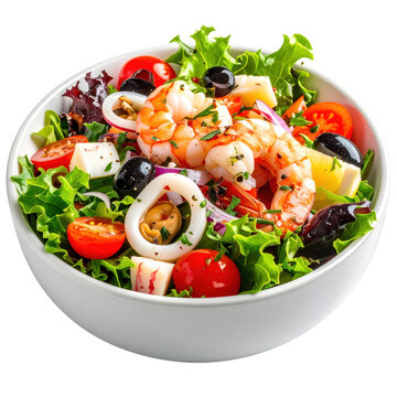 Insalata di mare bowl with shrimp calamari olives and fresh greens isolated white background