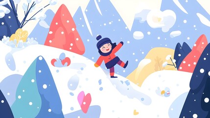 Joyful Child Playing in Snowy Winter Wonderland Landscape