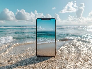 Modern Smartphone Mockup with Transparent Screen at the Beach