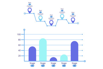 Collection of infographic set illustrating different stages of process. Colorful bars and markers representing data points over time